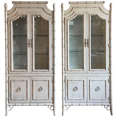 Used Hollywood Regency Style Bamboo Lighted Cabinets, Pair 