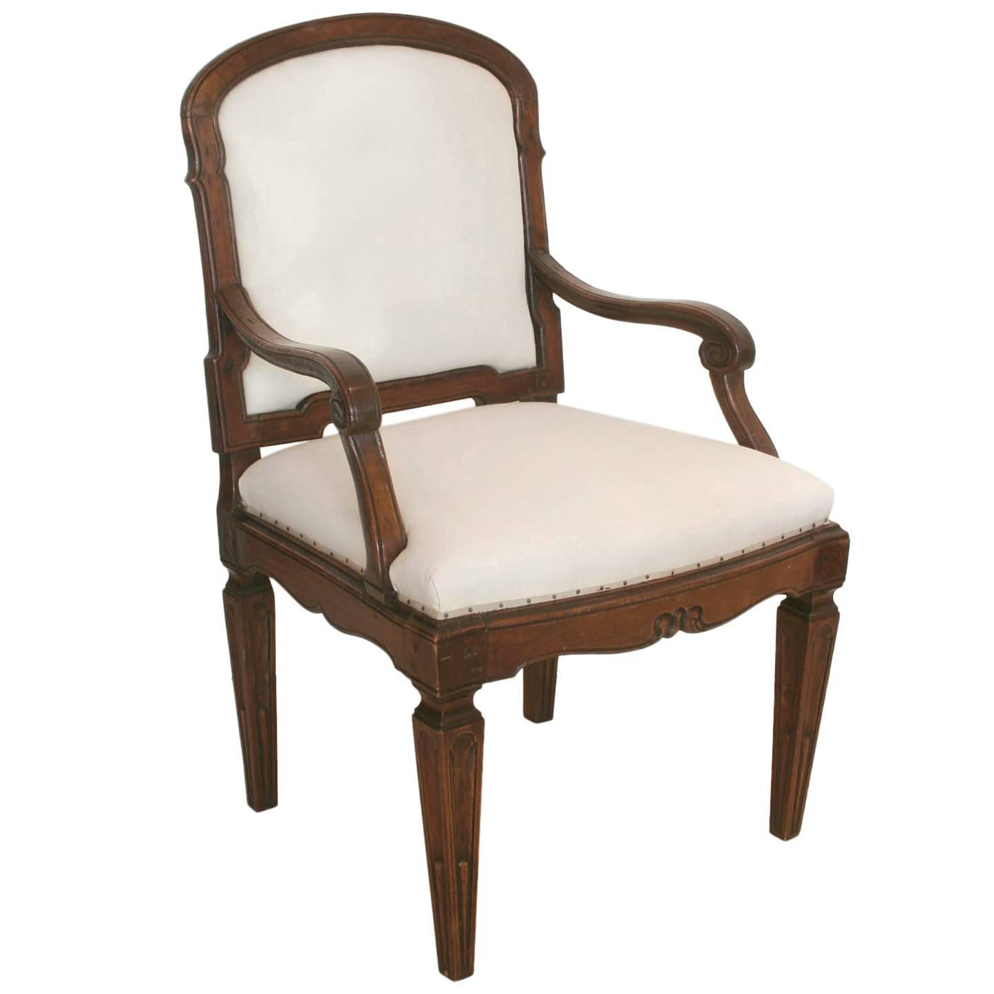 18th Century Mahogany Armchair with Scroll Arms, Upholstered Seat and Back For Sale