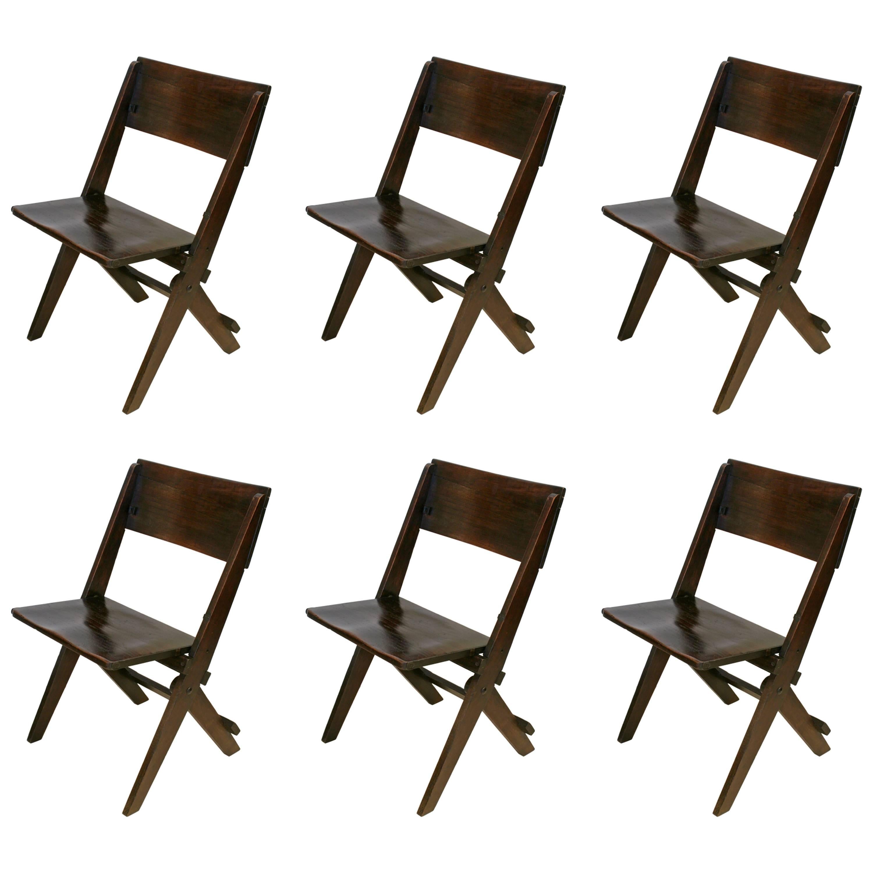 Set of Six English Oak Folding Chairs, circa 1920s For Sale