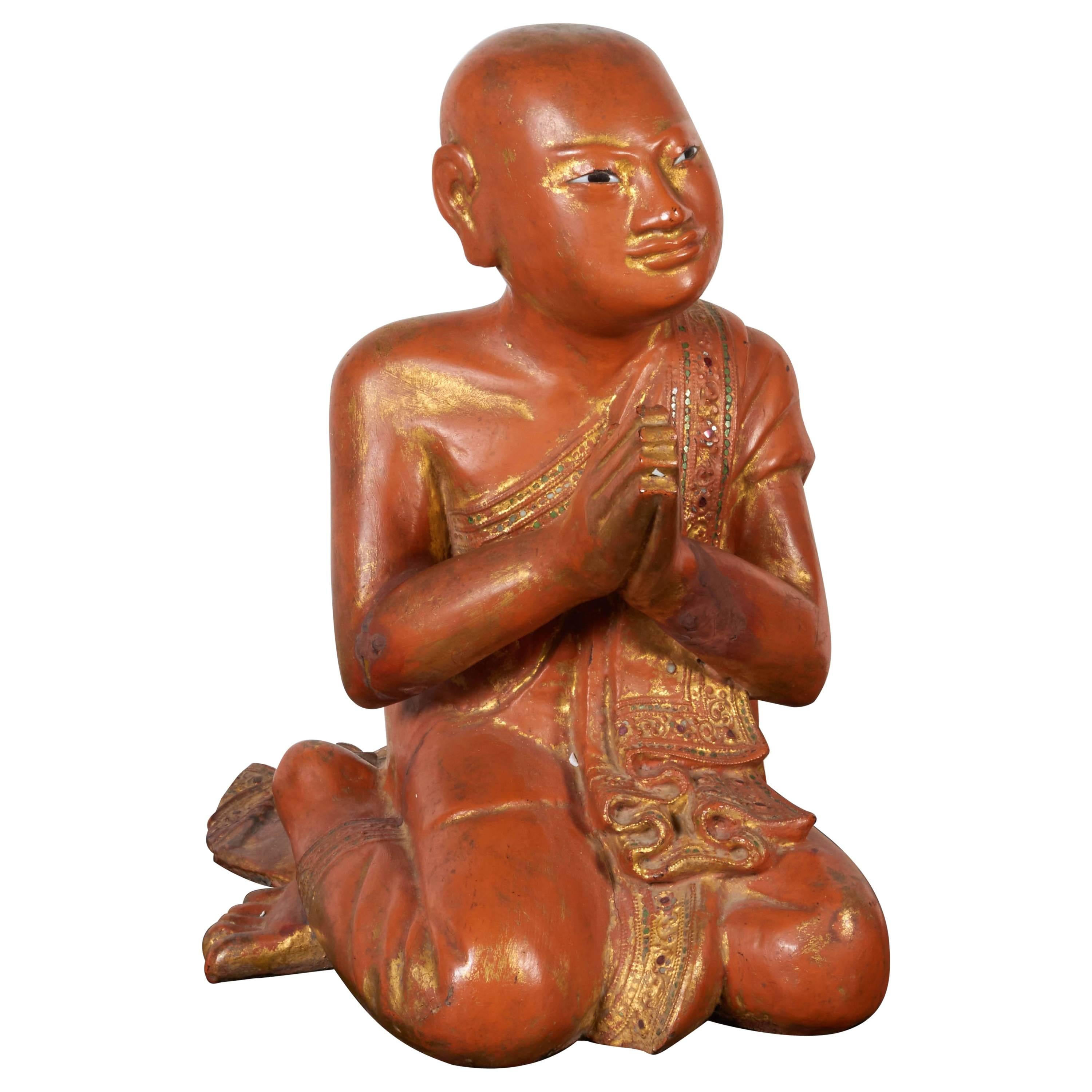 Finely Carved Antique Burmese Praying Monk