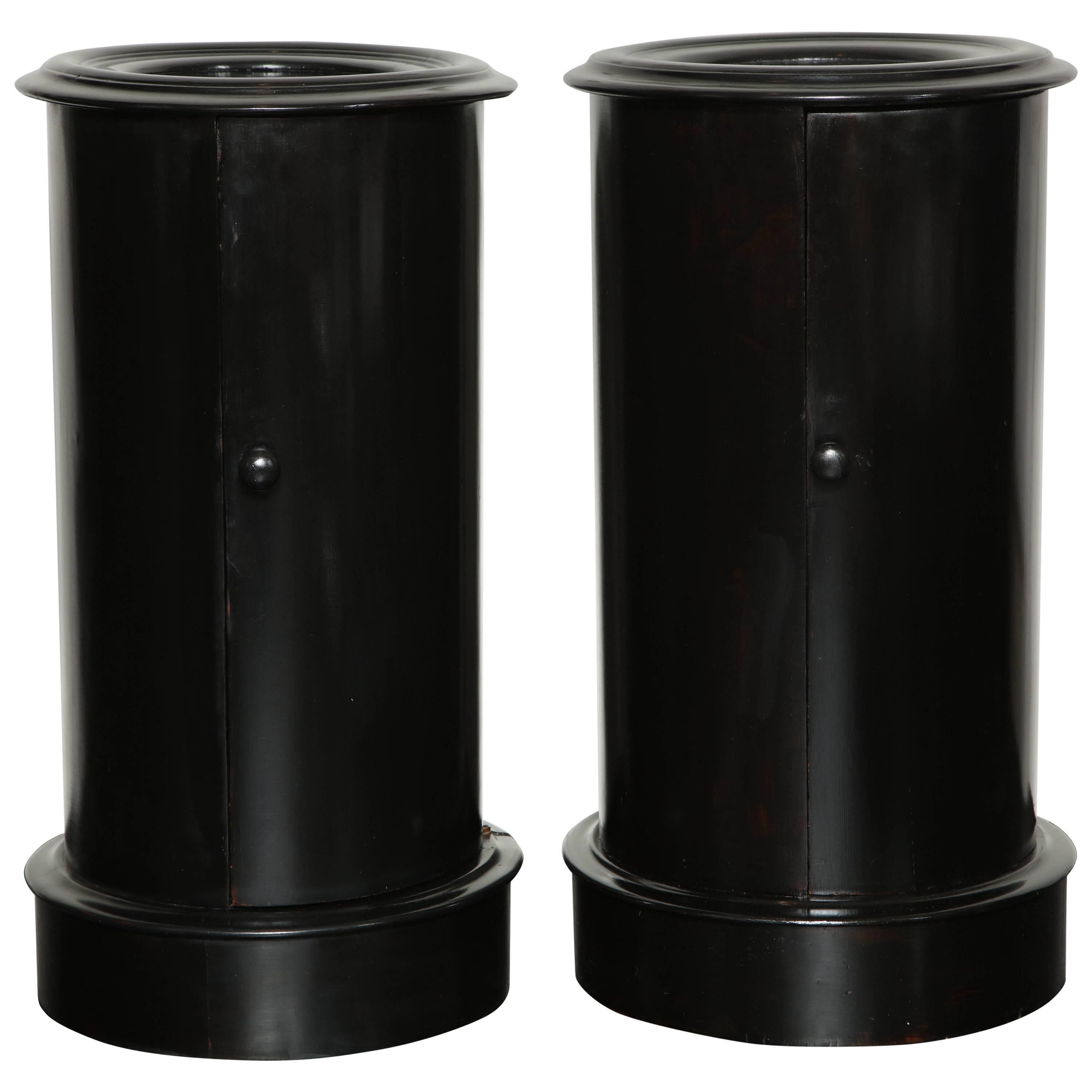 Pair of Ebonized Mahogany Cylinder Pedestal Cabinets, English, circa 1880 For Sale