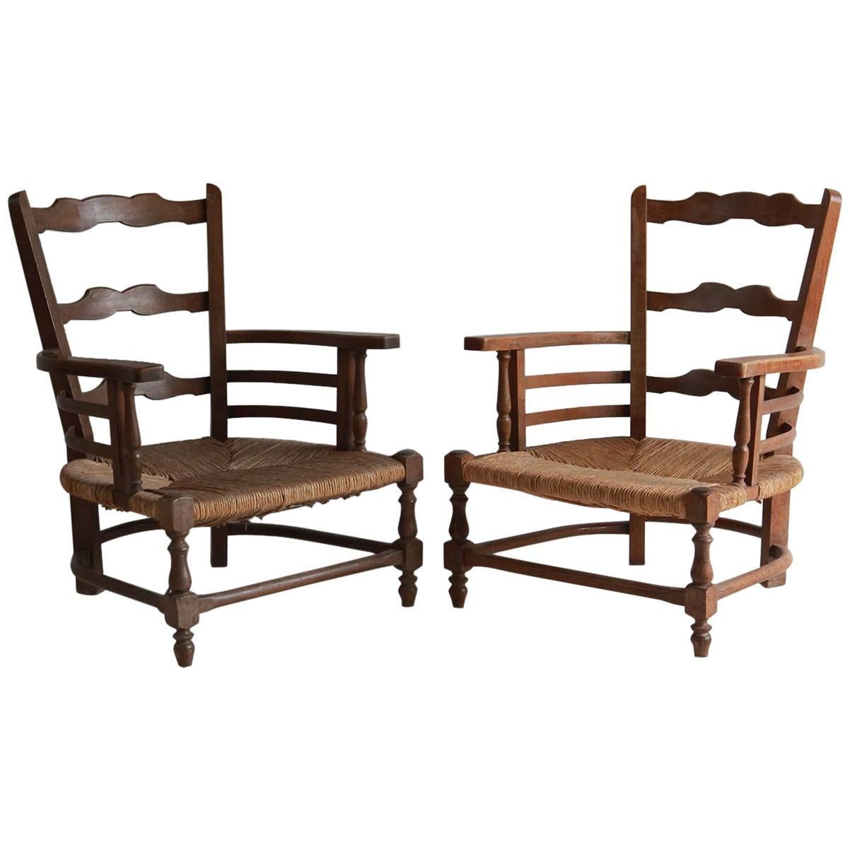 Pair of Low French Farmhouse Chairs with Woven Rush Seat