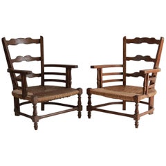 Pair of Low French Farmhouse Chairs with Woven Rush Seat 5
