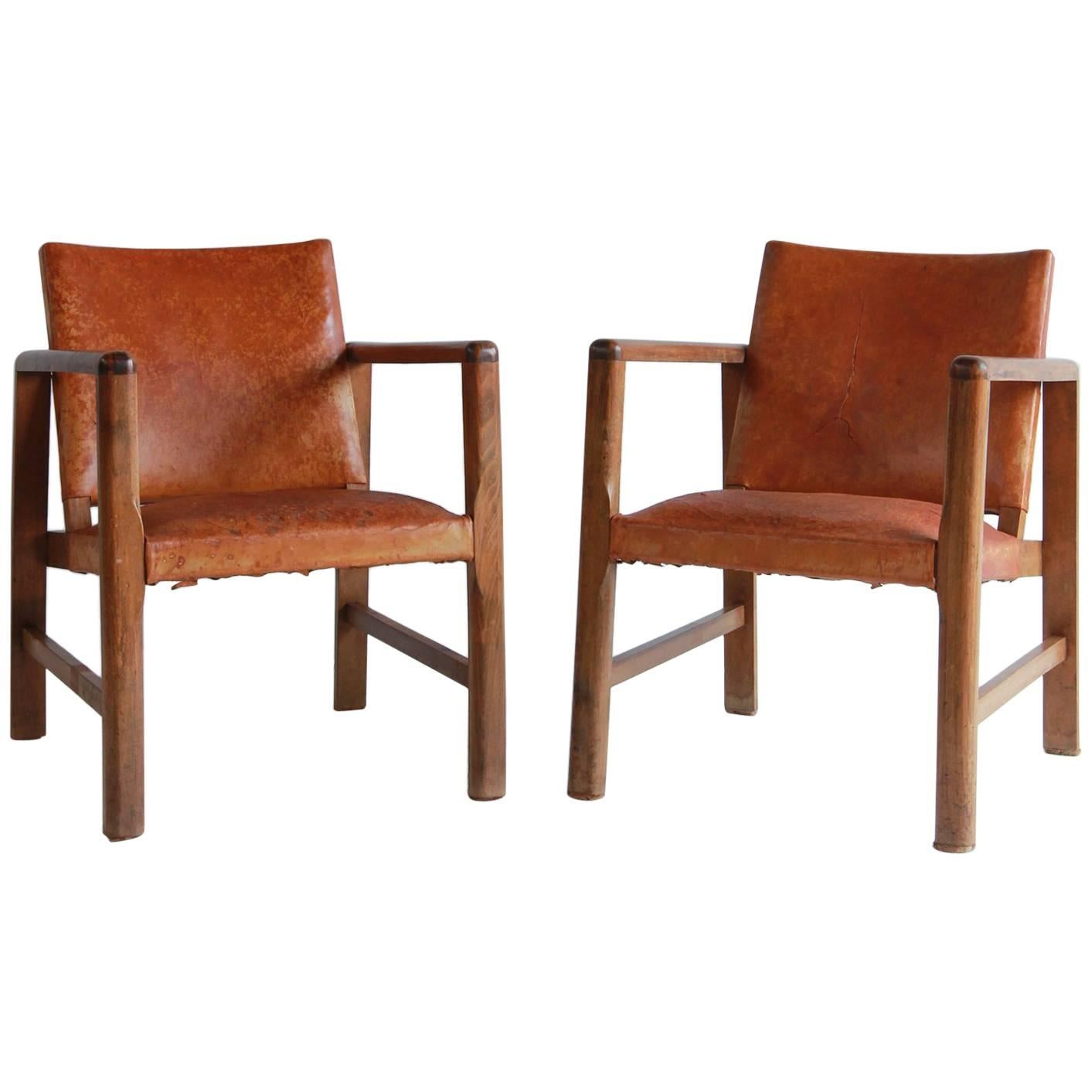 Pair of Borge Mogensen Style Leather and Wood Chairs