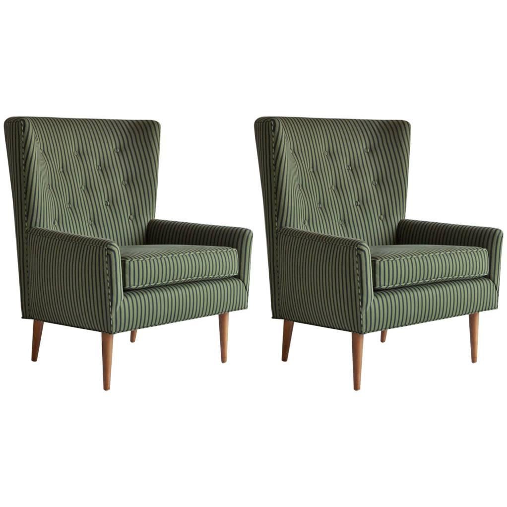 Pair of French Armchairs Upholstered Striped Green and Black Howe Fabric