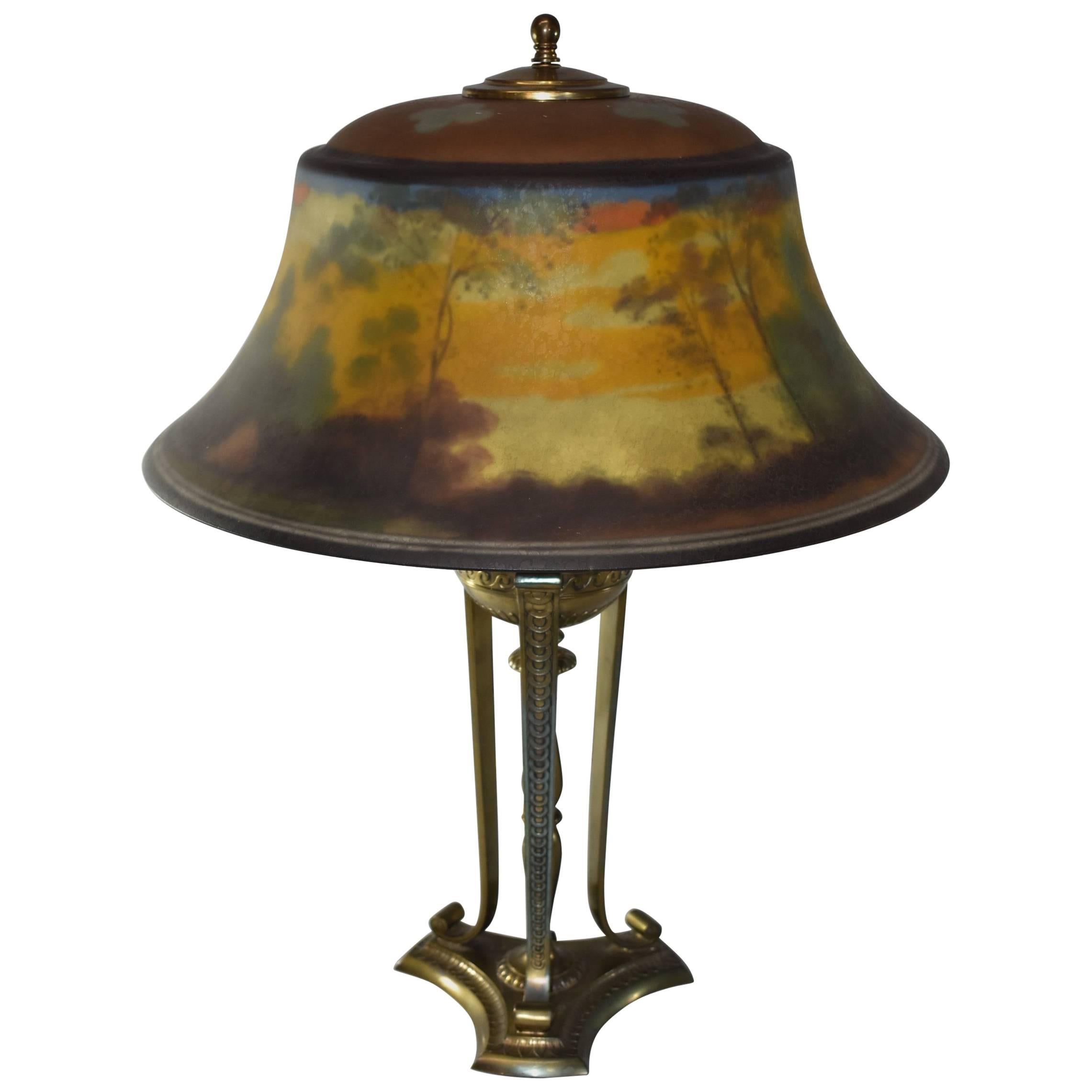 Pairpoint Reverse Painted Landscape Table Lamp Exeter Shade L.H. Gorham