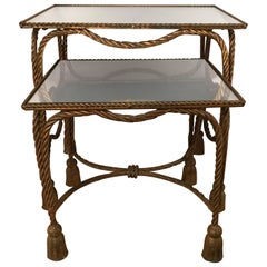 Pair of Hollywood Regency Bronze Mirror Topped Maison Bagues Style Stack Tables 2