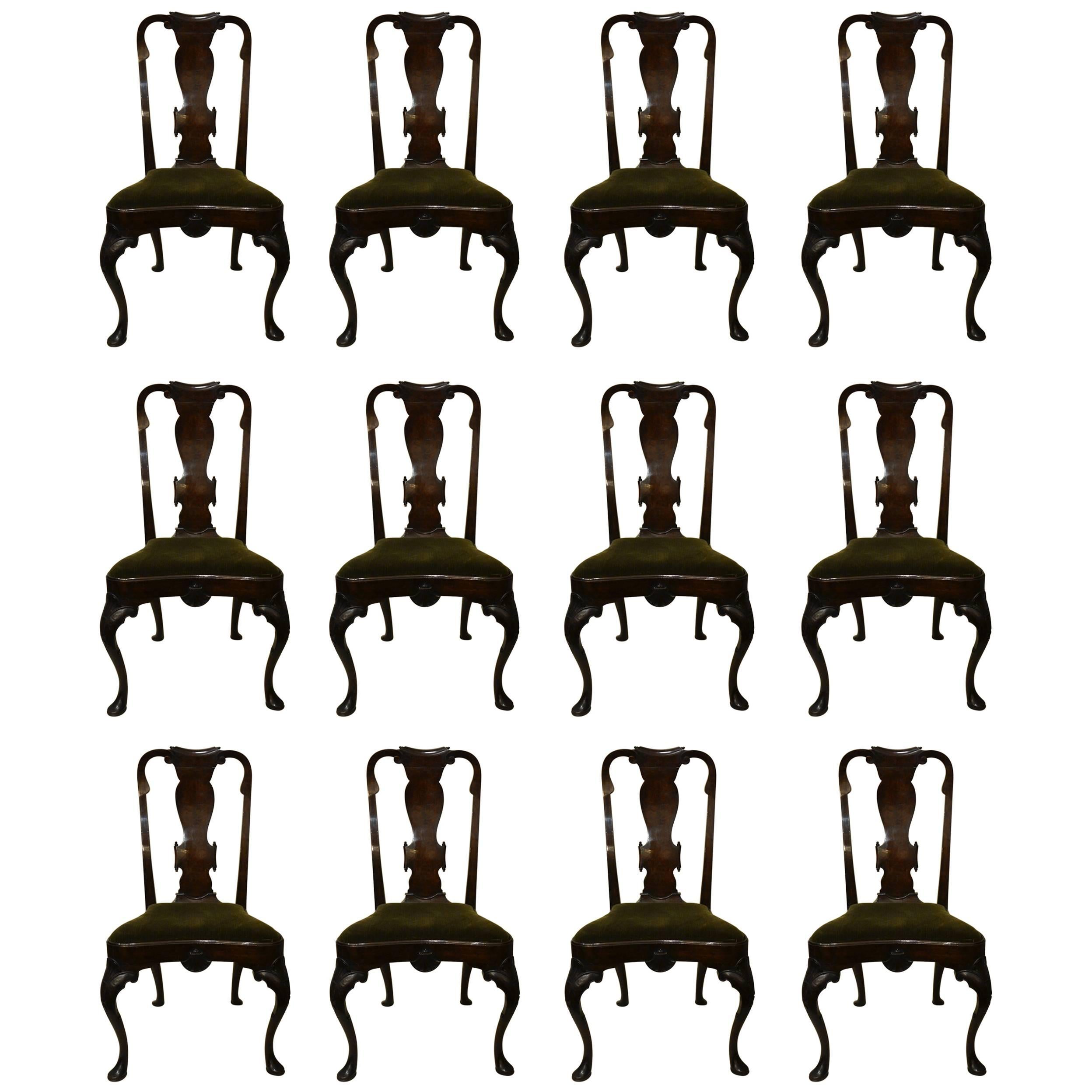 Set of 12 Antique Burled Walnut Queen Anne Style Dining Chairs