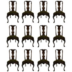 Set of 12 Antique Burled Walnut Queen Anne Style Dining Chairs