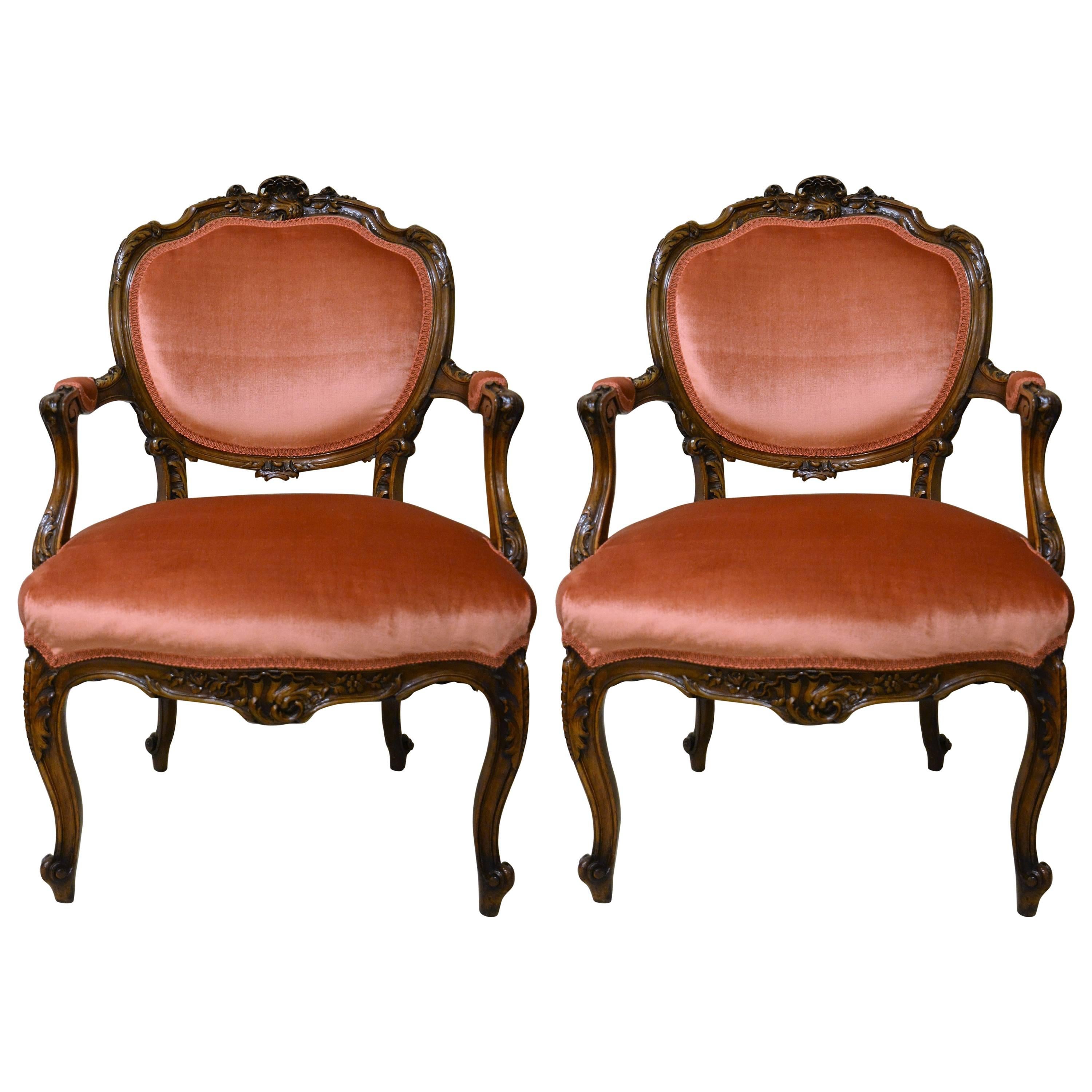 Pair of Antique French Sculpted Walnut Armchairs