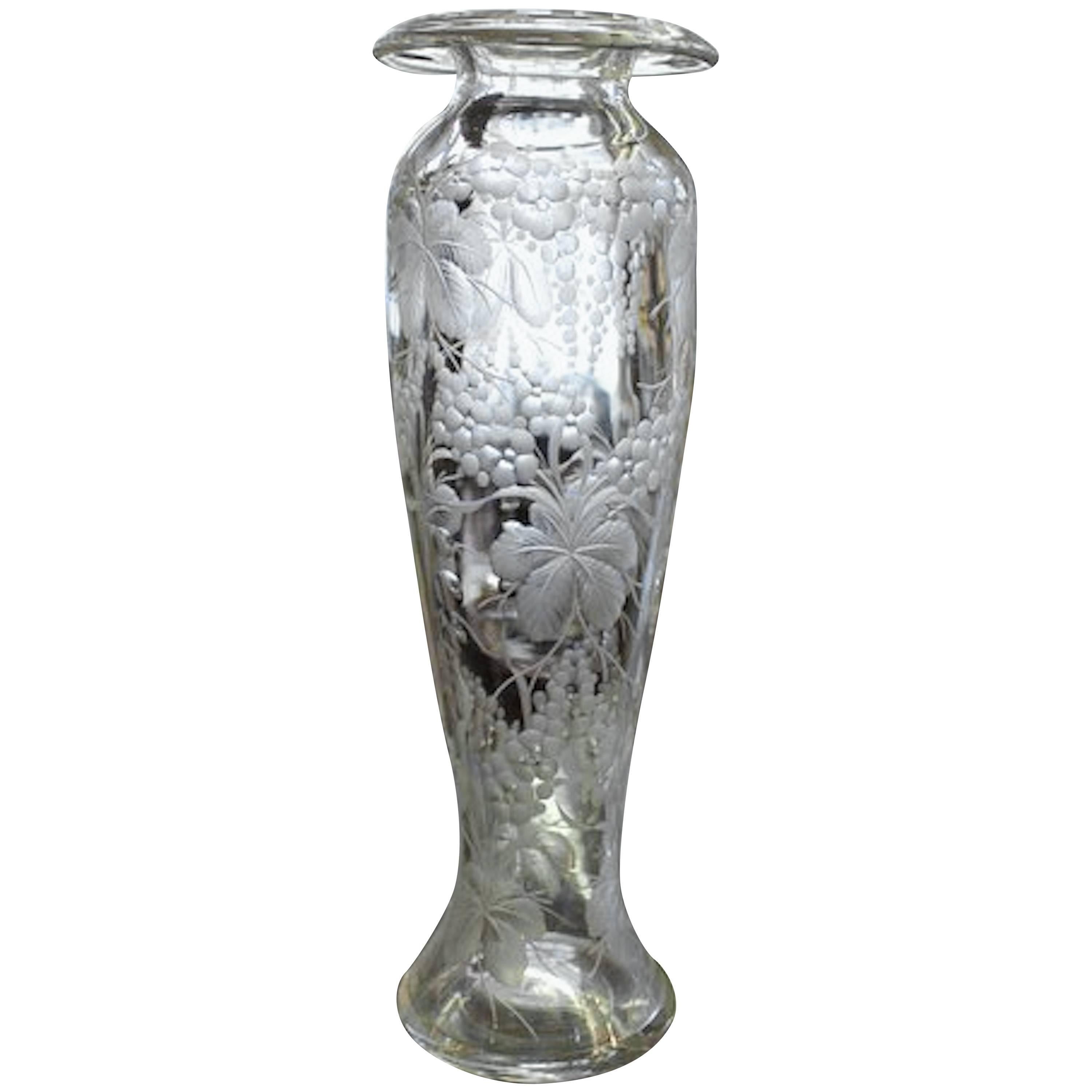 Early 20th Century Signed "Libbey" Hand Engraved Intaglio Cut-Glass Vase
