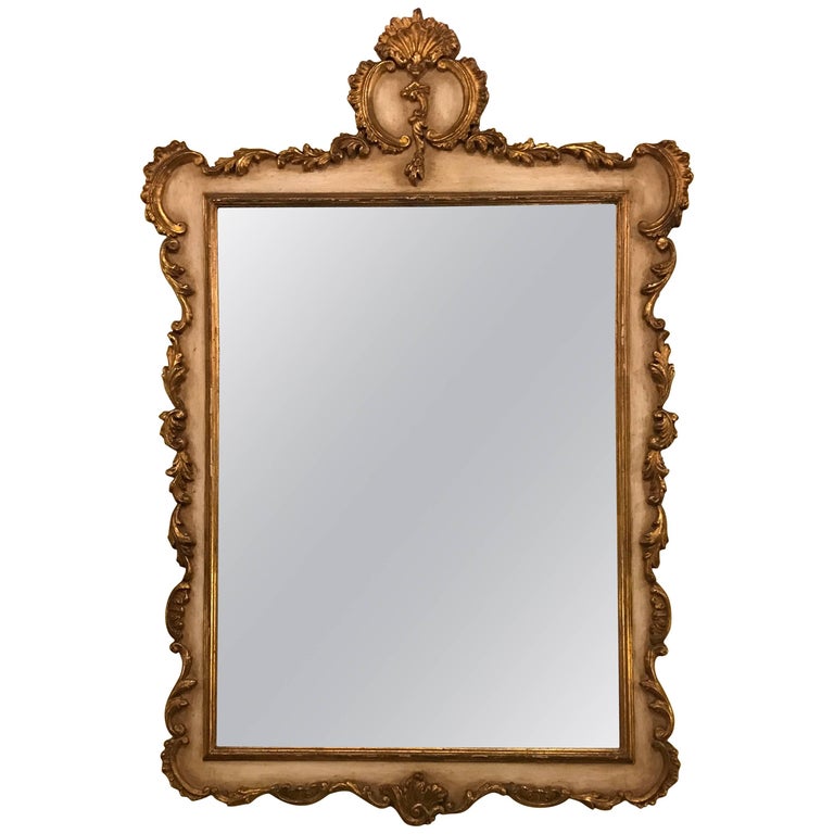 Fine Early Italian Parcel Paint Decorated and Gilt Hanging Wall Mirror