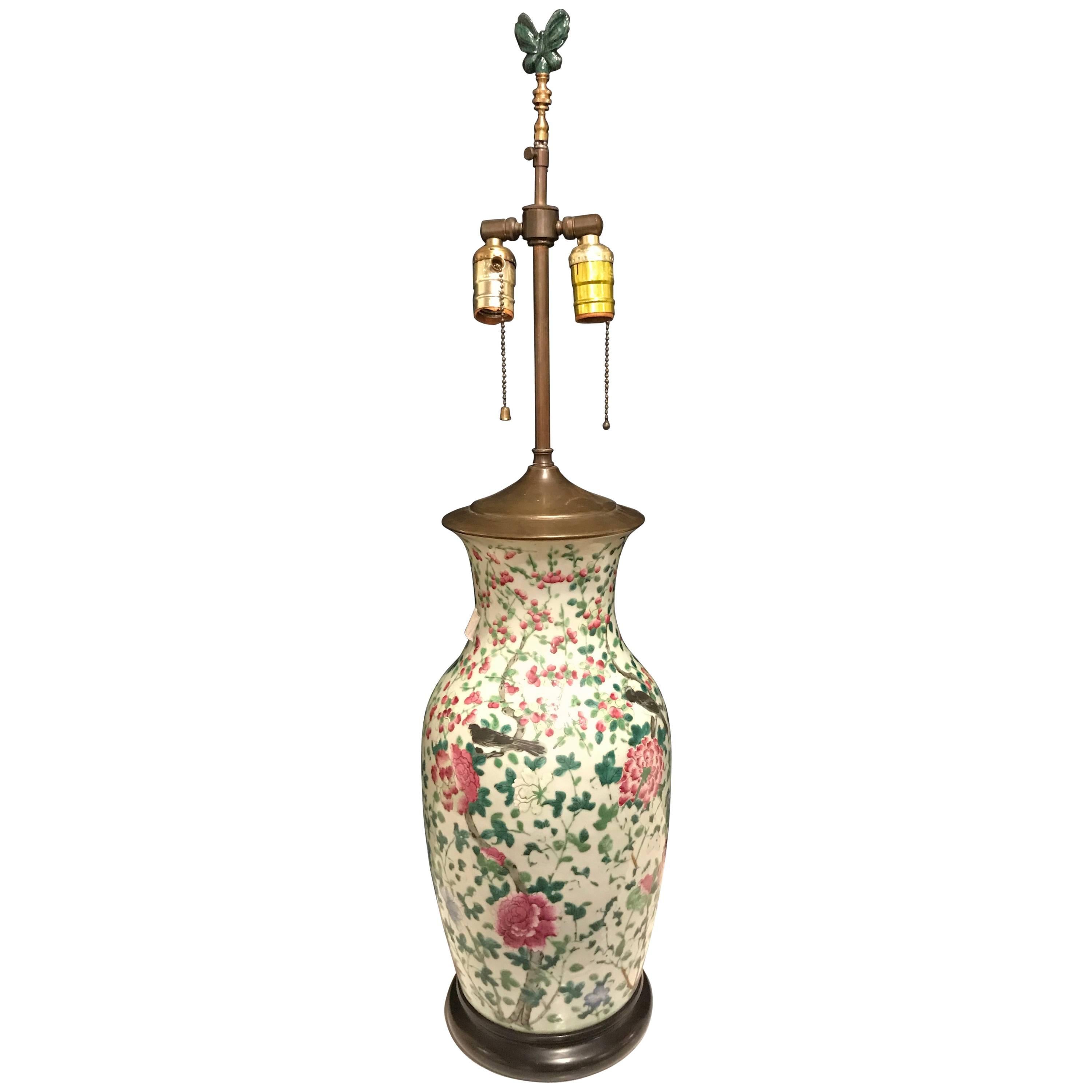 Chinese Large Jar Decorated with Bird and Roses Mounted as a Lamp