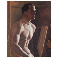 "Male Nude in the Artist's Studio, " Dramatic Art Deco Oil Painting, 1930s