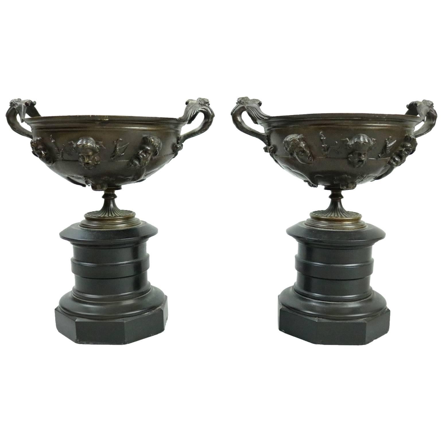 Antique French Neoclassical Bronze and Marble Figural Urn Compotes, circa 1880