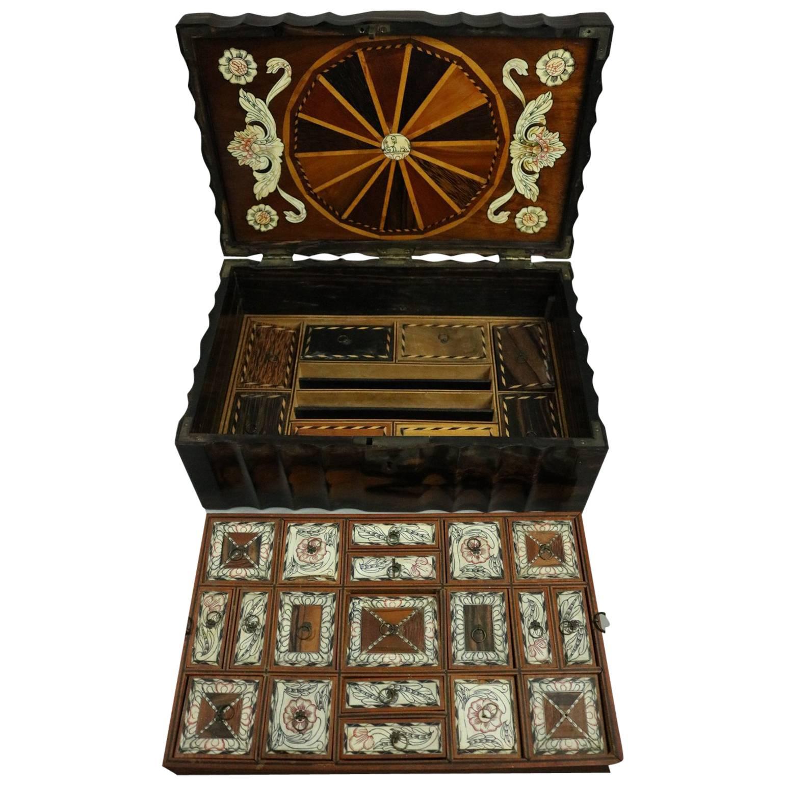 Bone Inlaid Coromandel Wood Anglo Indian Locking Sewing Box, 19th Century