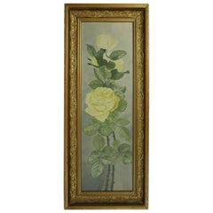 Antique French Floral Still Life of Yellow Rose Yard Long Oil on Board 6