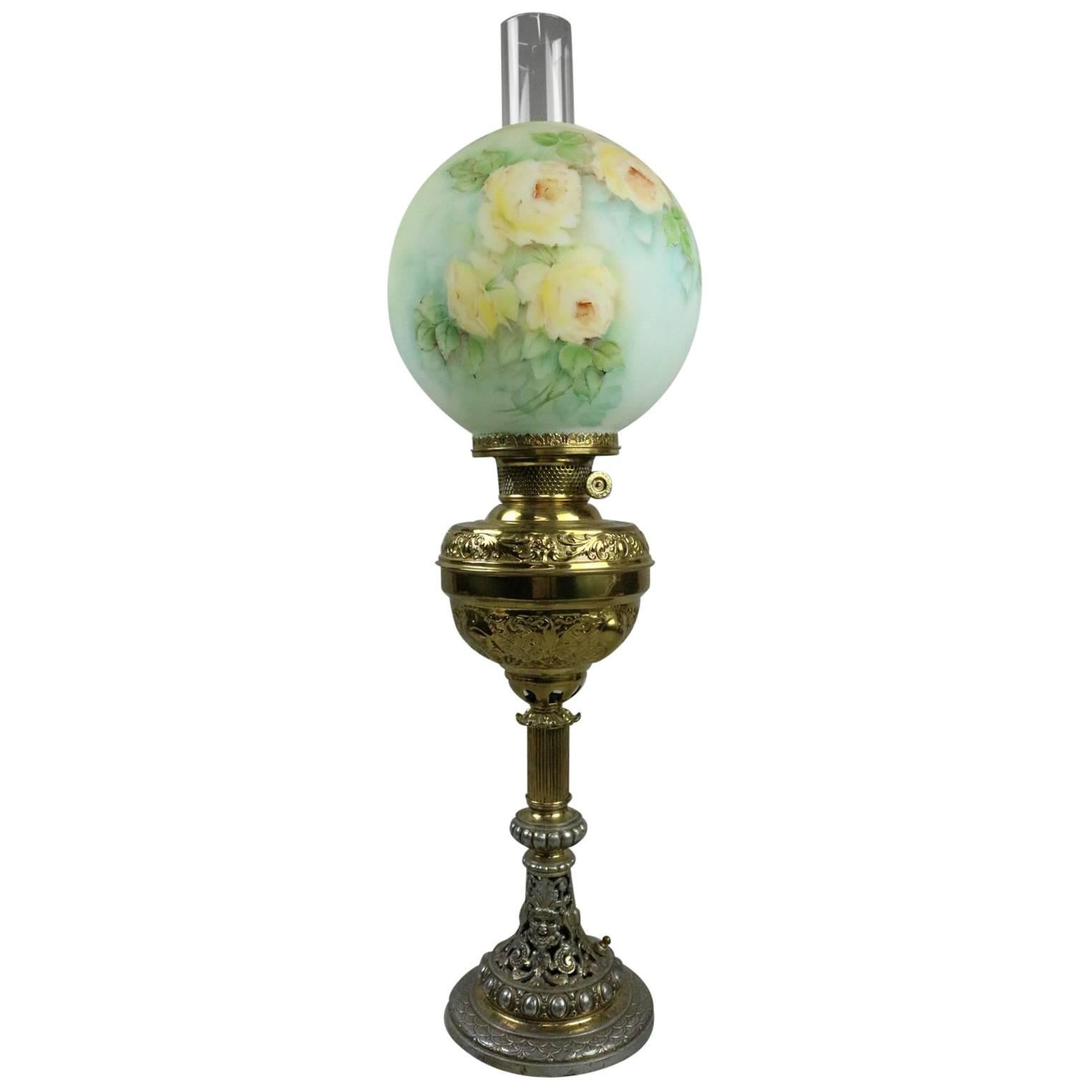 Antique Rochester Lamp Co. Parlor Lamp with Hand-Painted Rose Shade, circa 1880