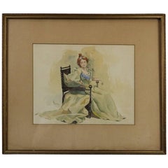 Antique Watercolor Portrait of Seated Woman Signed L. Lewis, circa 1880