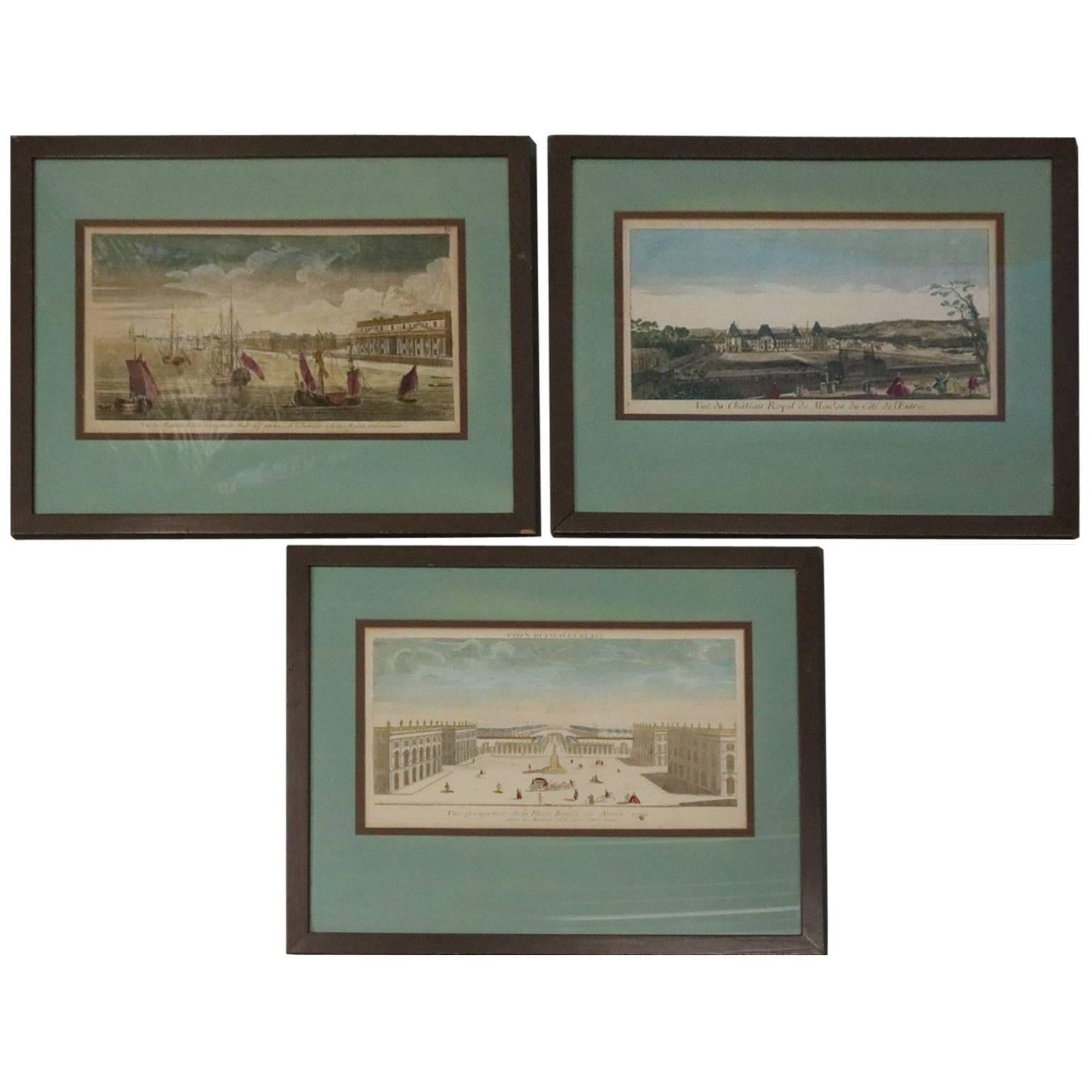 Set of Three French Hand Tinted Etchings "Maritime, Palace and Courtyard Scenes"