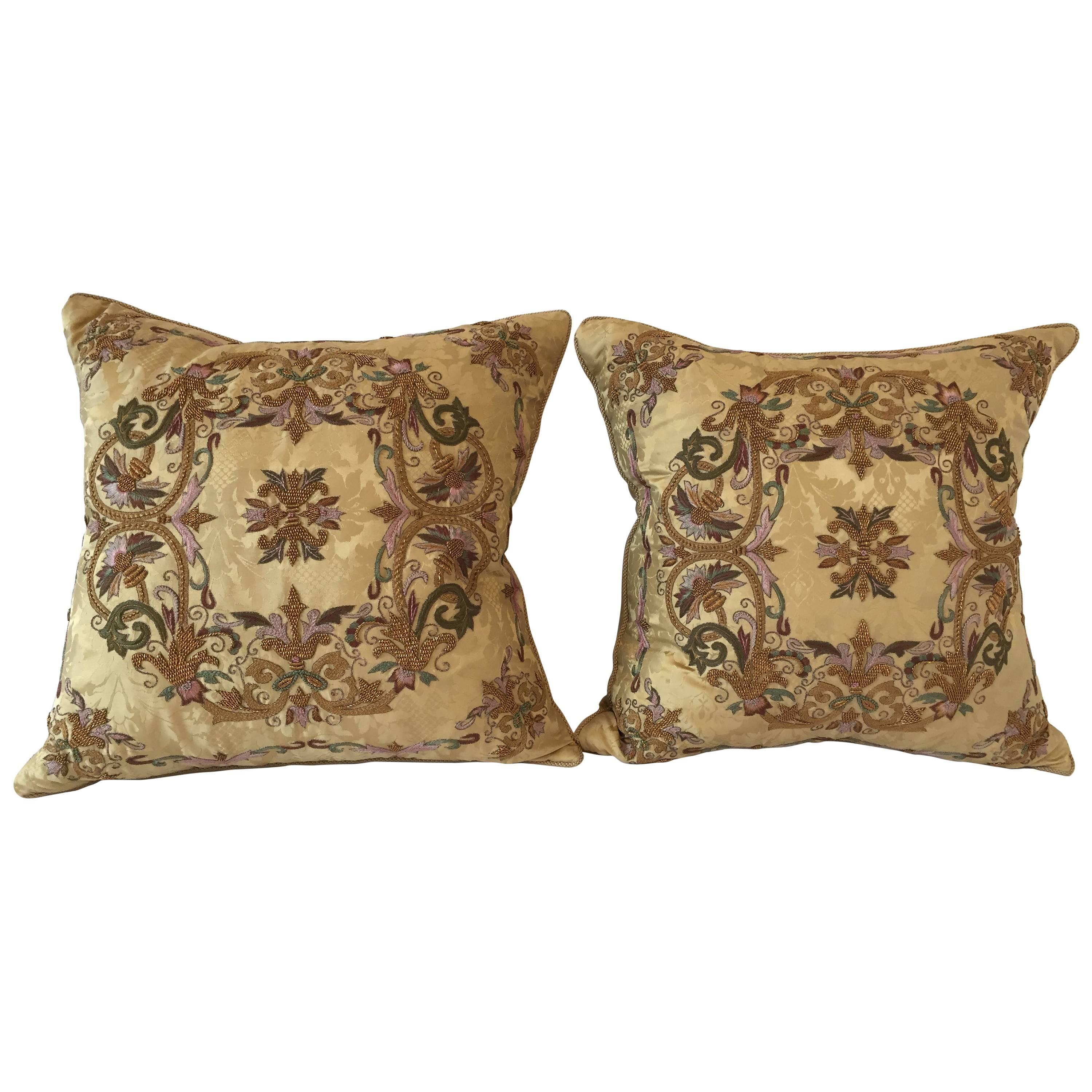 Gorgeous Designer Embroidered Pair of Gold Throw Pillows