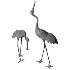 Antique Japanese Pair of Bronze Cranes 'Tsuru', Meiji Period