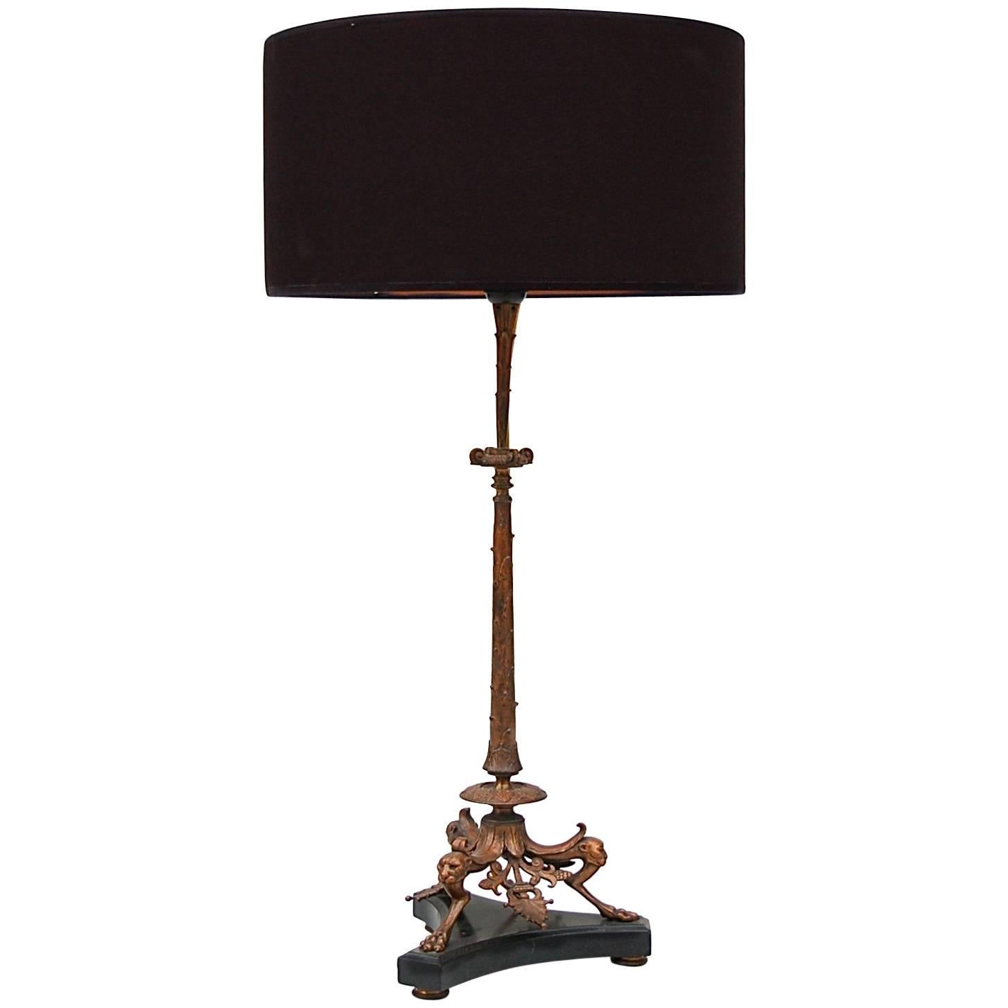 19th Century Bronze Table Lamp with Panther Heads on Black Marble Base For Sale