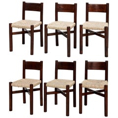 Set of Six Wood and Rush Dining Chairs, circa 1950