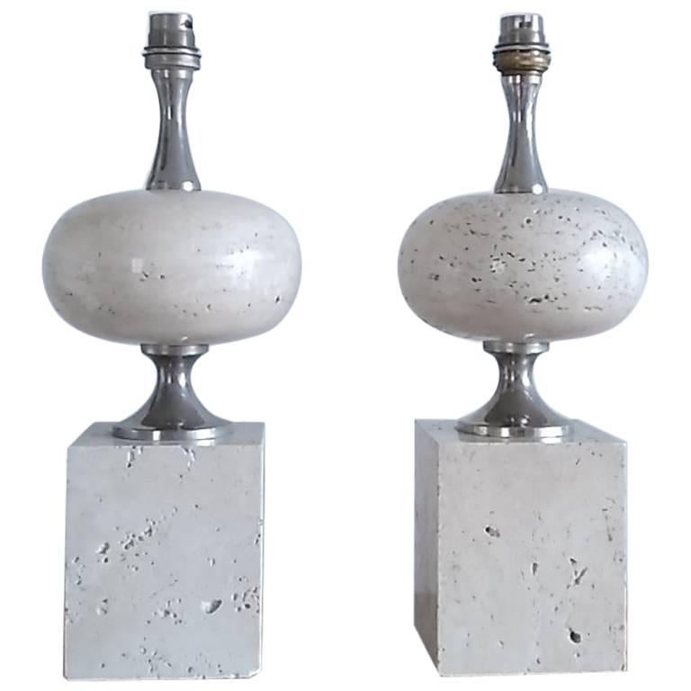Pair of Polished Beige Travertine Table Lamps by Philippe Barbier France, 1970s For Sale