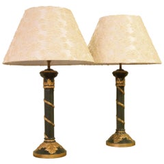 Pair of Green Ceramic Column Lamps