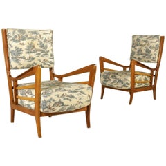 Pair of Armchairs Cherry Wood Springs Fabric Vintage, Italy, 1960s 6