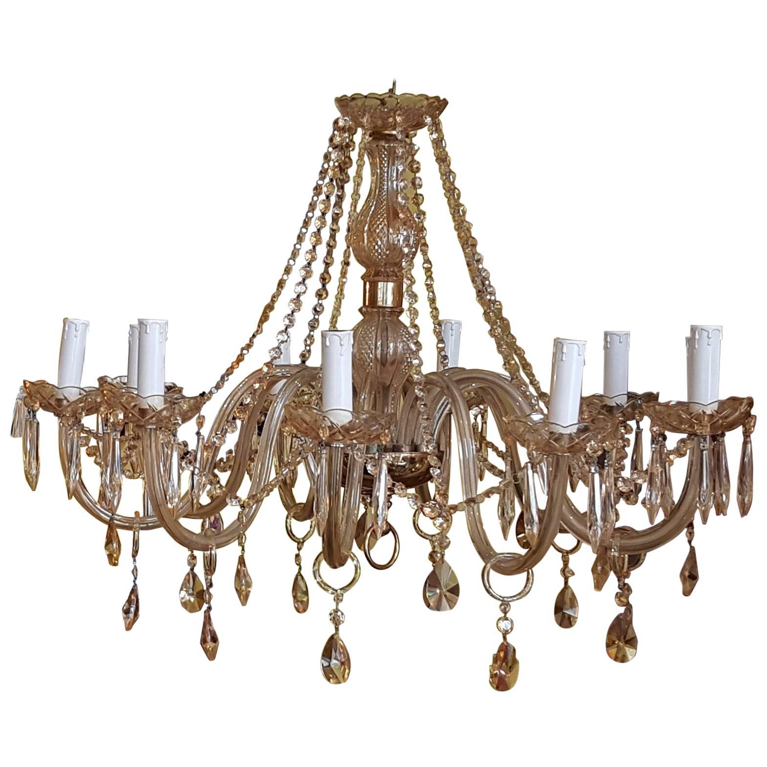 Twelve-Arm Crystal Cut Glass Chandelier For Sale