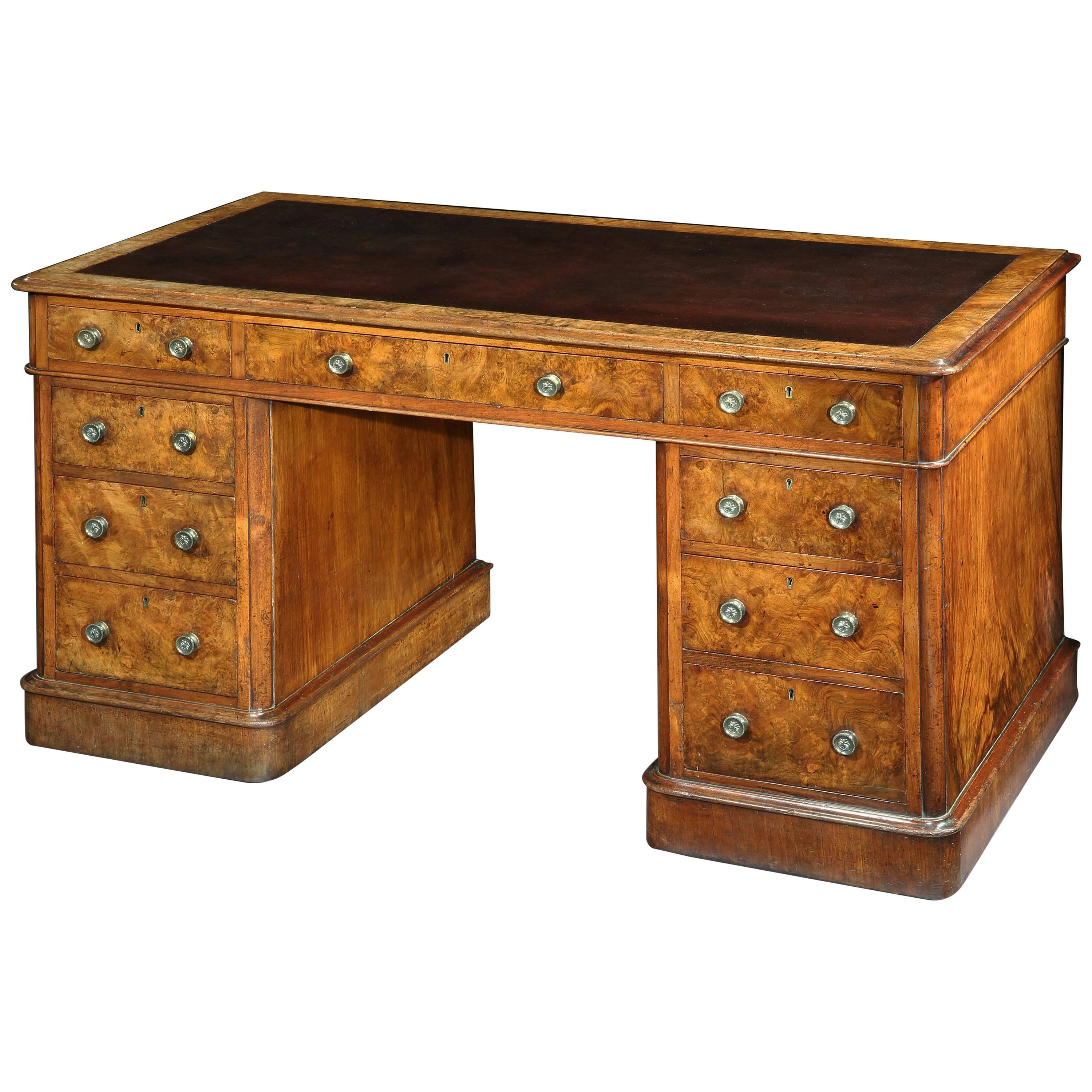 Victorian Burr Walnut Pedestal Desk For Sale