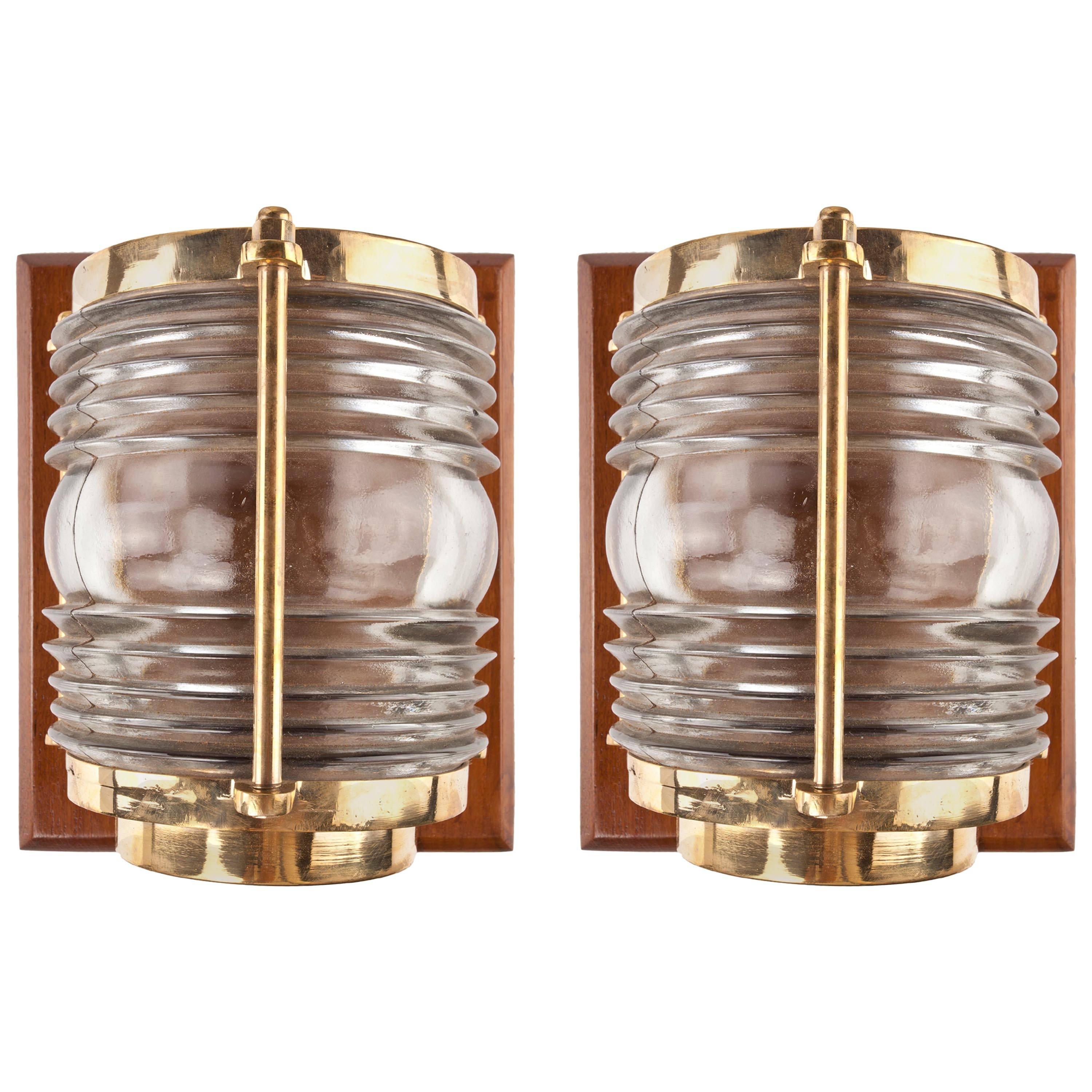 Pair of Nautical Ship's Post Lights with Fresnel Lens on Teak Backplate