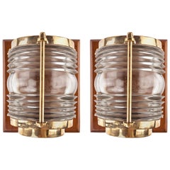 Vintage Pair of Nautical Ship's Post Lights with Fresnel Lens on Teak Backplate