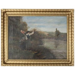 Antique French Folk Art Oil on Canvas River Scene Painting, circa 1880