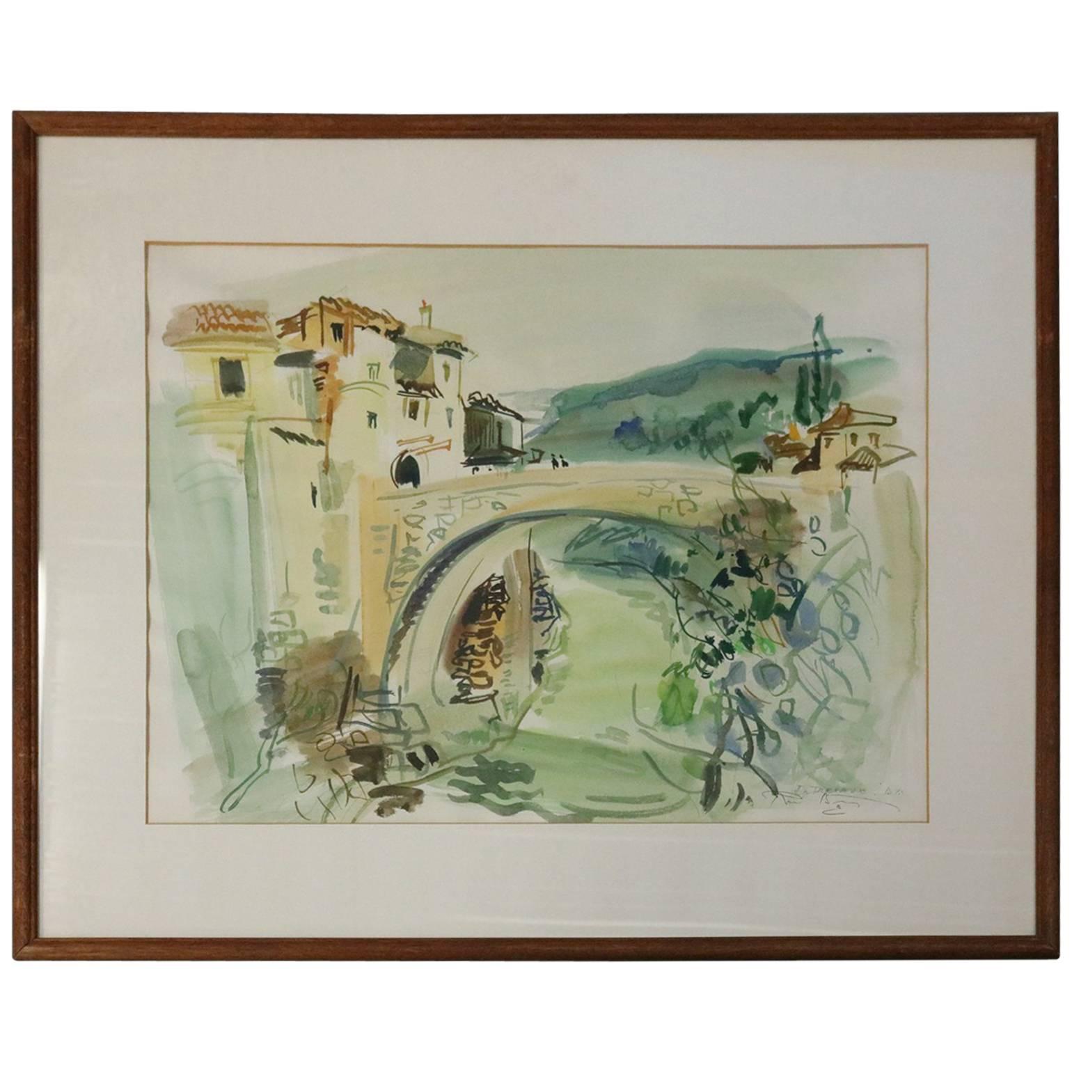French Cityscape Watercolor Painting "Entrevaux" by Roger Bertin, 20th Century