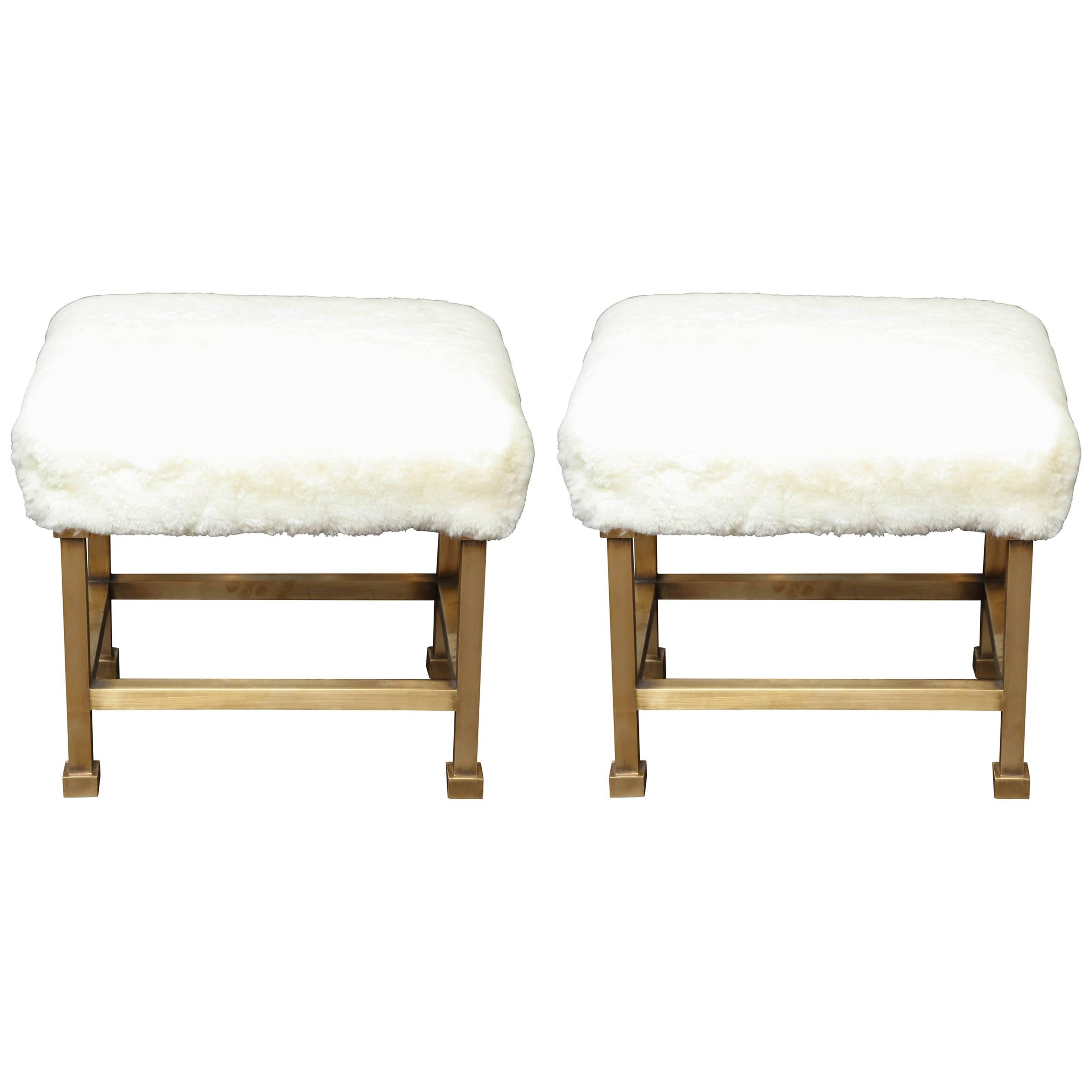 Pair of Custom Shearling and Brass Stools