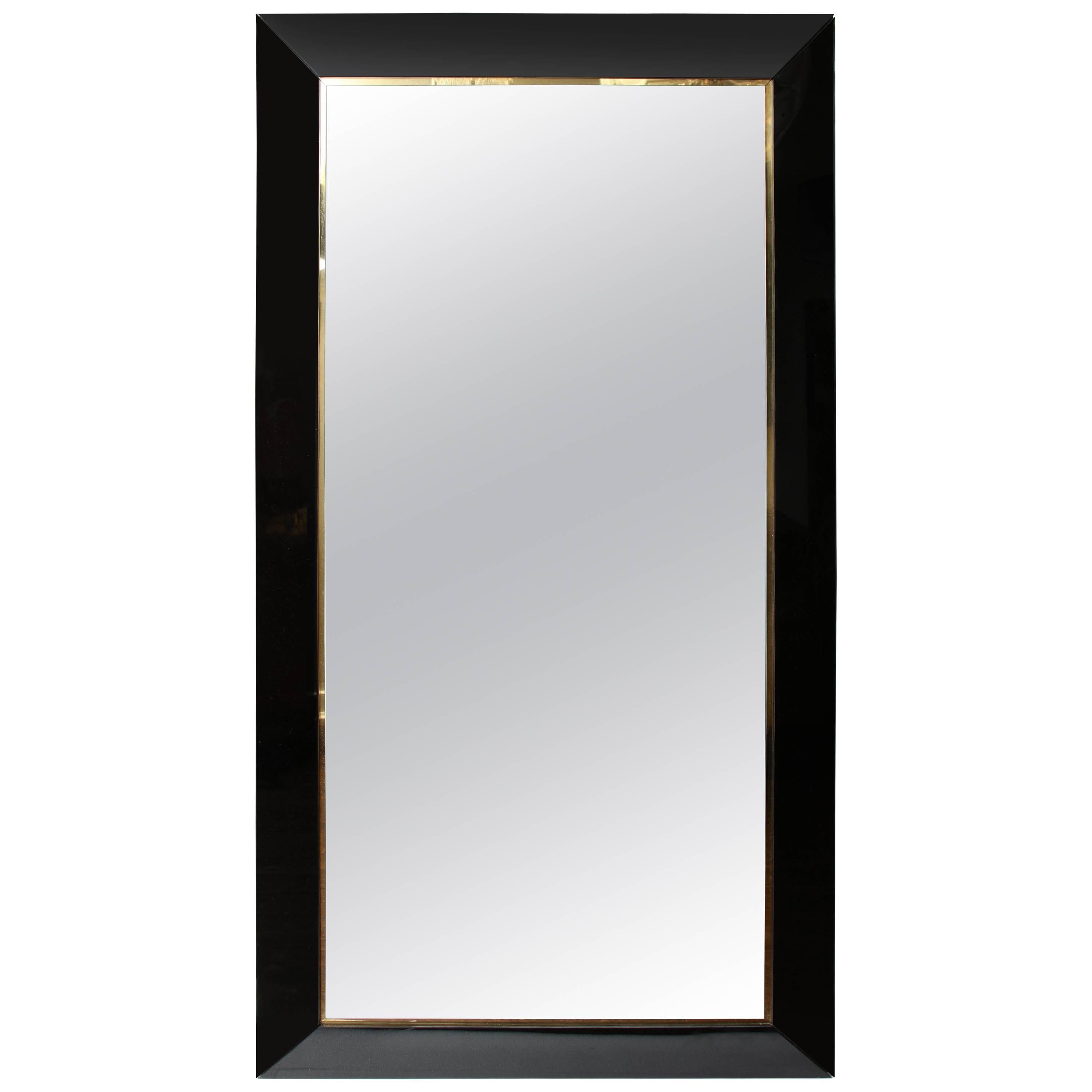 Custom Black Glass and Brass Full Length Mirror For Sale