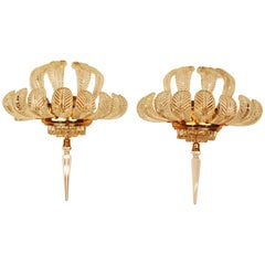 Pair of Art Deco Period Clear Glass and Brass Wall Sconces with Glass Feathers