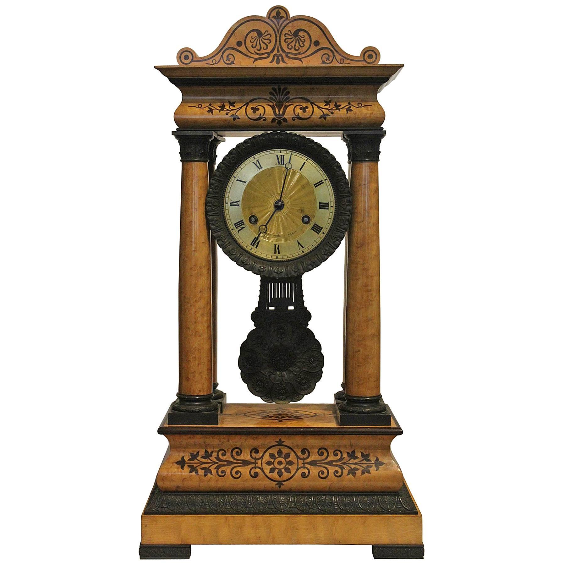 19th Century French Birds Eye Maple Portico Clock
