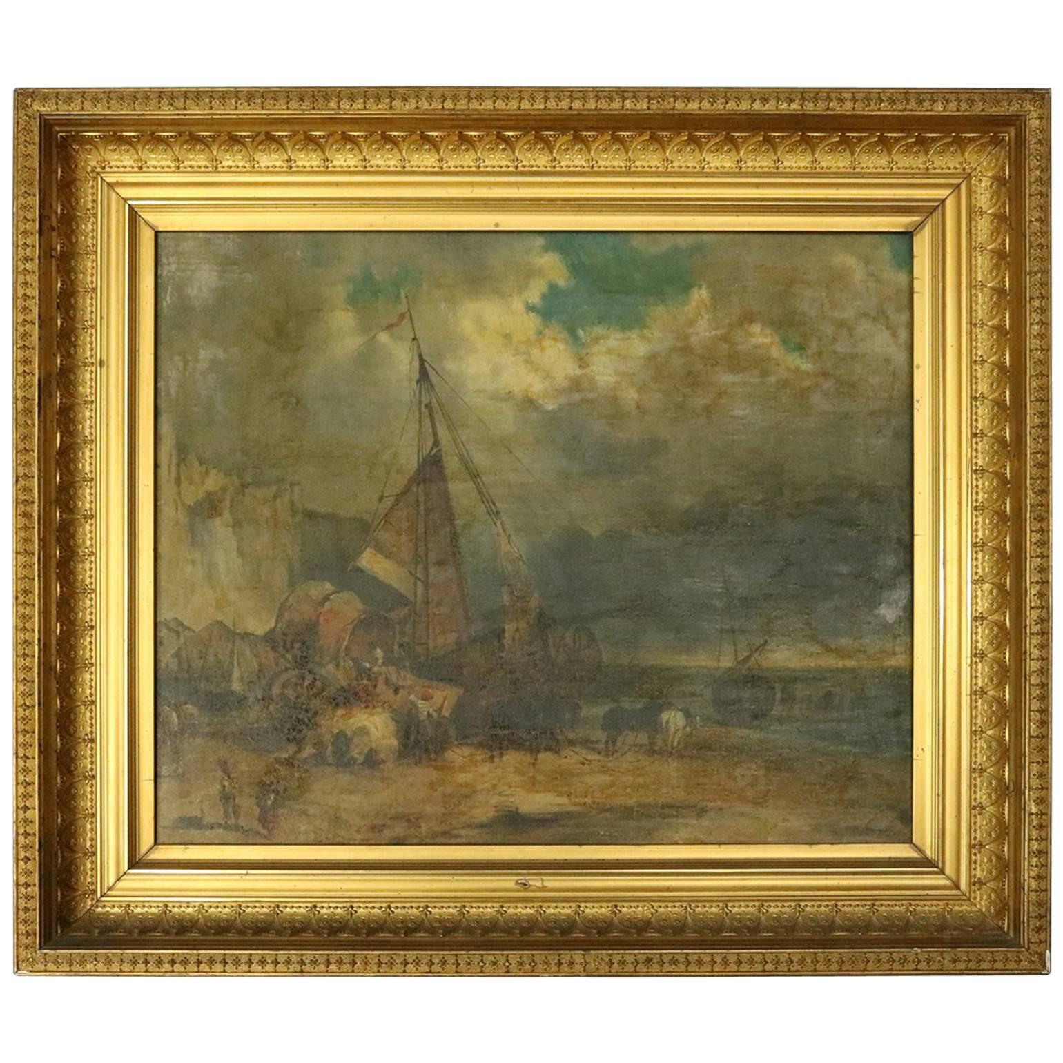 Continental School Oil on Canvas, Moorish Seascape and Beached Ship, circa 1874
