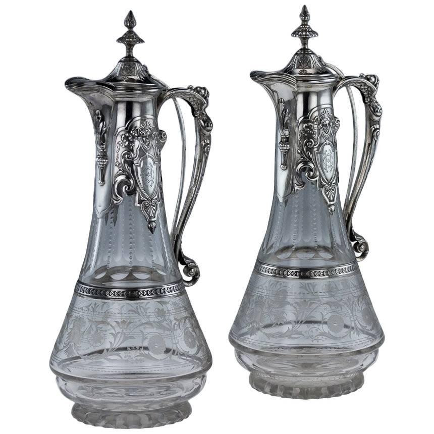 19th Century German Solid Silver & Etched Glass Pair of Claret Jugs, circa 1890