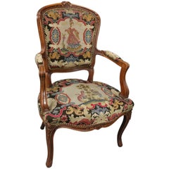 Antique French, Louis XV Classical Style Fruitwood & Tapestry Fauteuil, Armchair