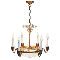 Antique French Twelve-Light Bronze and Etched Glass Chandelier, circa 1900