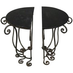 Pair of Contemporary Glass Top Wrought Iron Demilune Side Tables, 20th Century