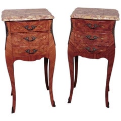 Pair of Inlaid French Marquetry and Marble Bombe Shaped Bedside Cupboards