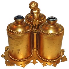 19th Century Victorian Doré Bronze Agate Perfume Three Crystal Bottle Vanity Set