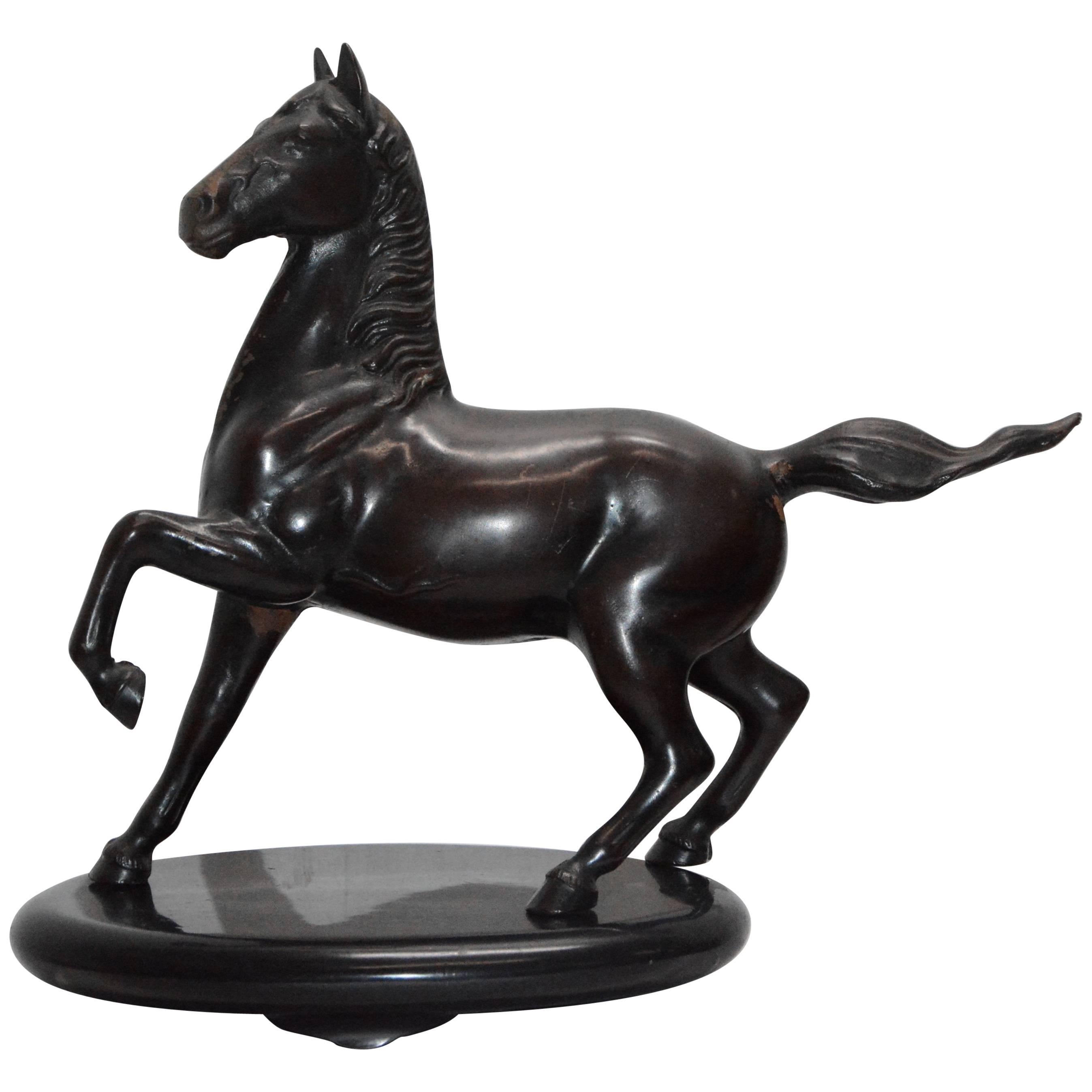 Cast Iron Bronze Polychromed Horse on Black Lacquer Stand