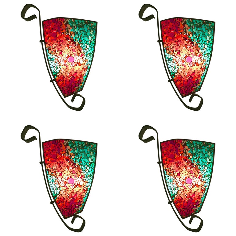 Set of Four Extra Large Gothic Art Deco Glass and Copper Wall Lights at 1stDibs